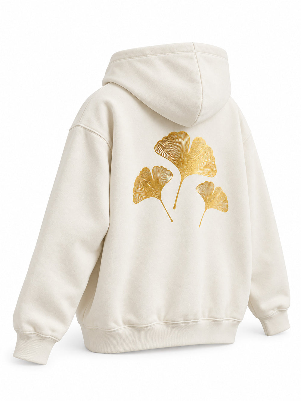 Rear three-quarter view of the Gold Ginkgo cream foil print hoodie