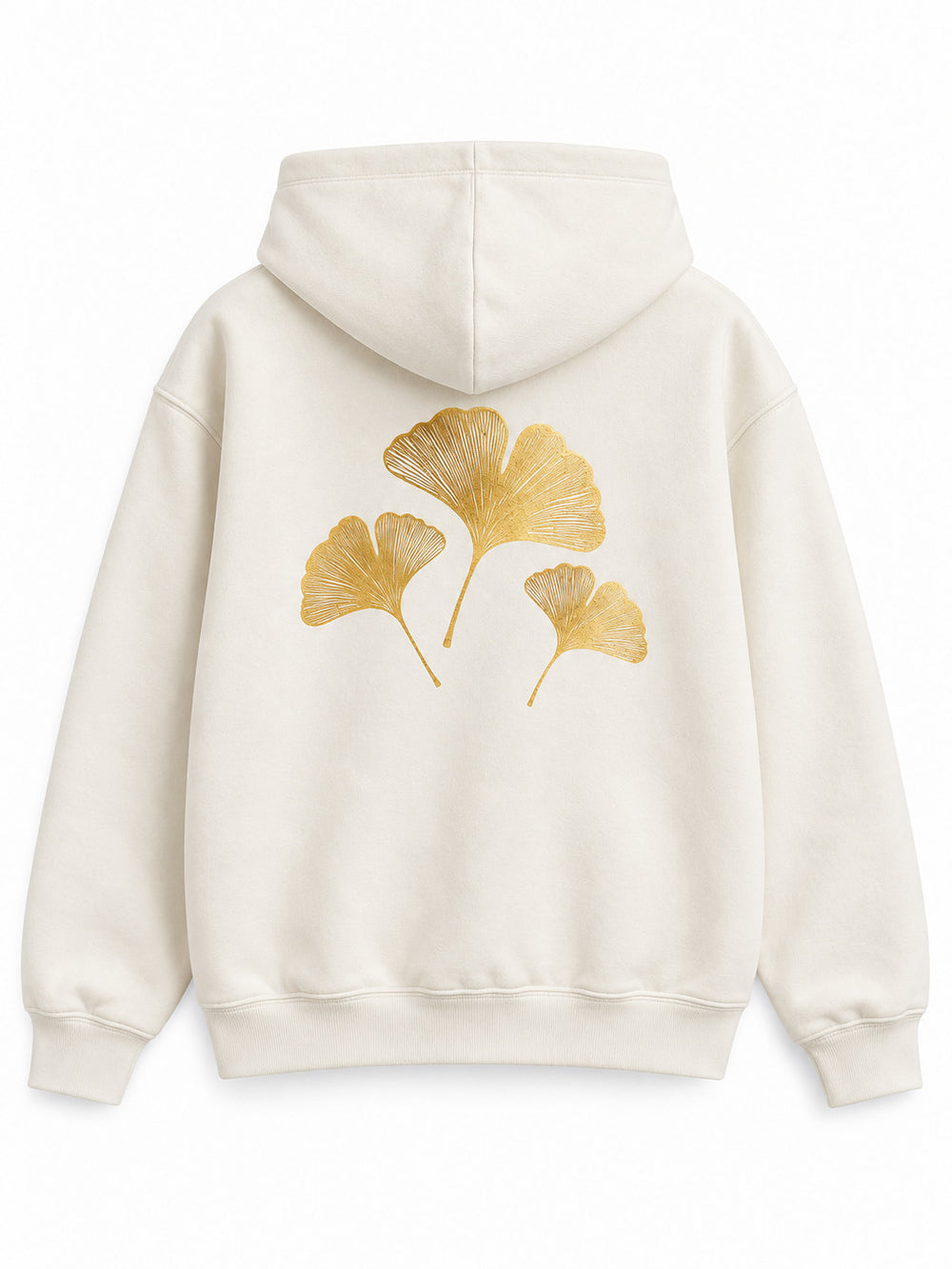 Back view of the Gold Ginkgo cream foil print hoodie with a larger gold-tone ginkgo-leaf arrangement