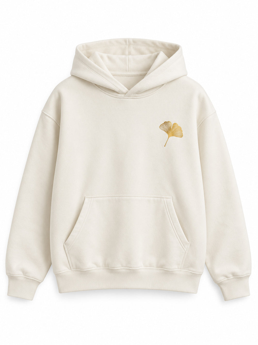 Front view of the Gold Ginkgo cream foil print hoodie with a small gold-tone ginkgo-leaf motif at the left chest