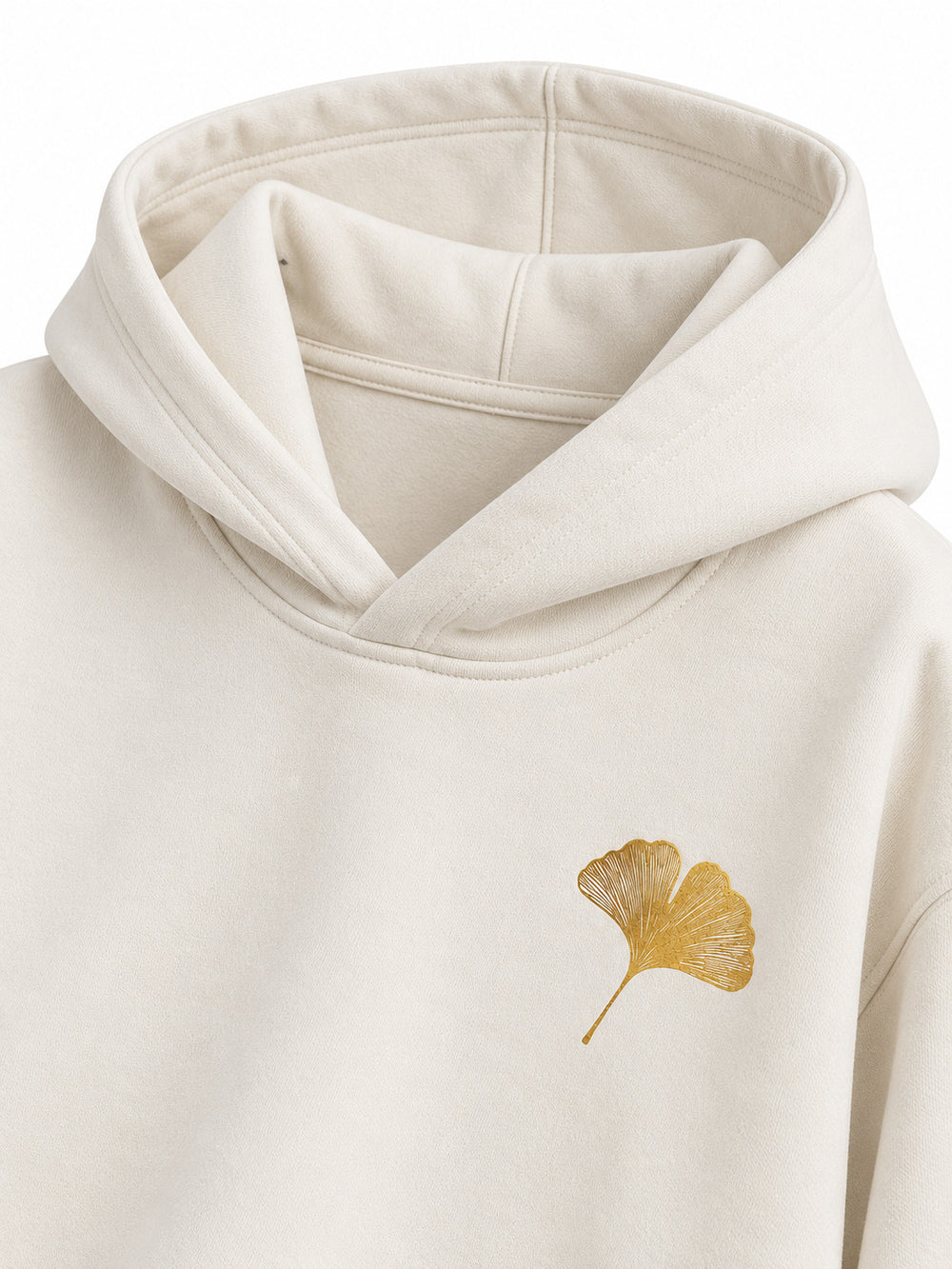 Close-up of the hood and neckline of the Gold Ginkgo cream foil print hoodie
