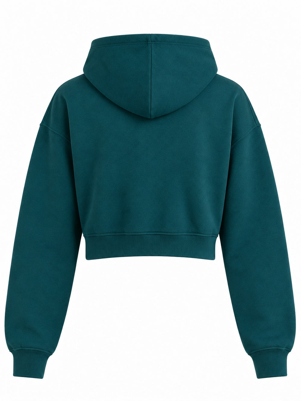 Back view of the Liquid Moon petrol teal foil print cropped hoodie with plain back