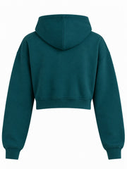 Back view of the Liquid Moon petrol teal foil print cropped hoodie with plain back
