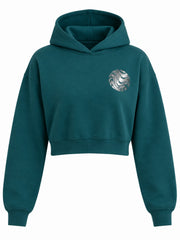 Front view of the Liquid Moon petrol teal foil print cropped hoodie with small silver foil liquid-marble circle on the left chest