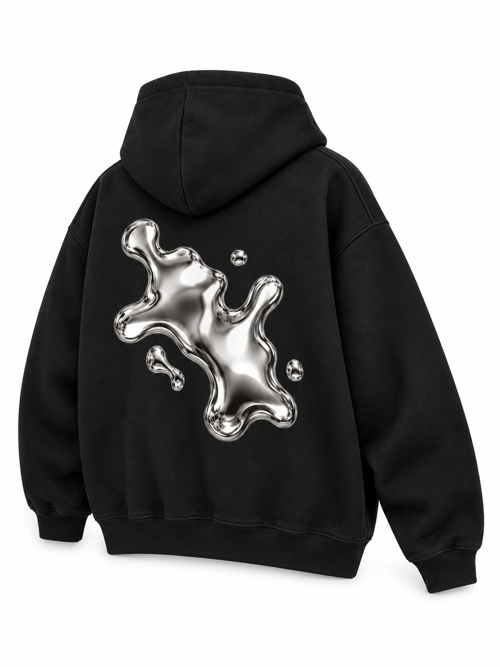 Rear three-quarter view of the Liquid Silver black foil print zip-up hoodie