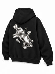 Rear three-quarter view of the Liquid Silver black foil print zip-up hoodie
