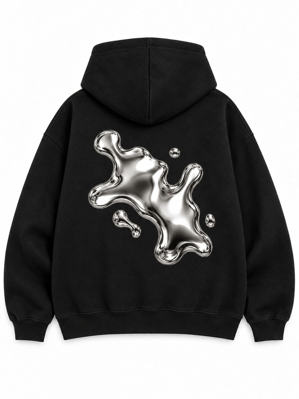 Back view of the Liquid Silver black foil print zip-up hoodie with a large silver-tone abstract liquid splash