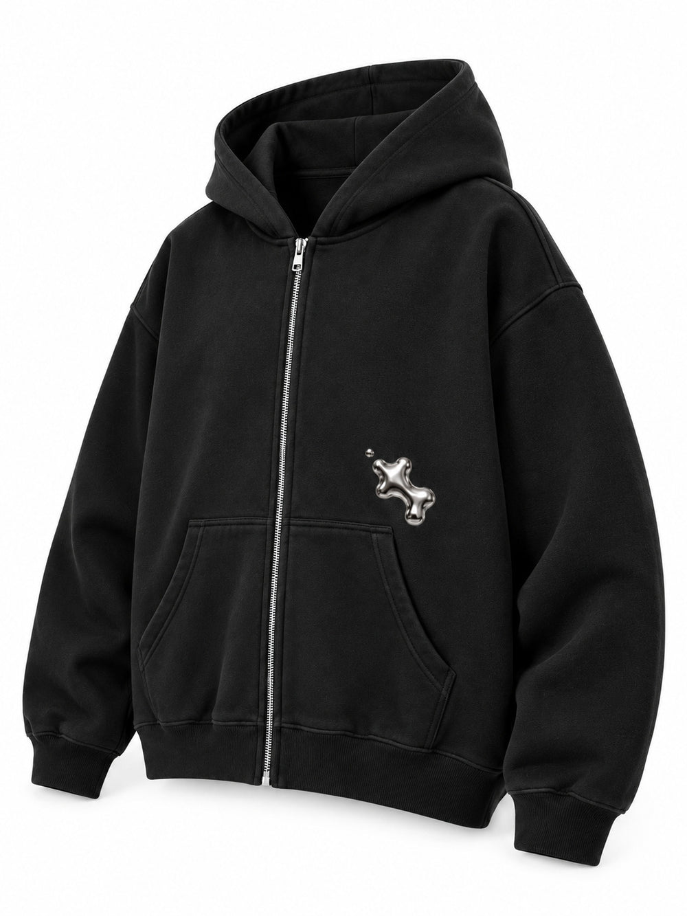 Front three-quarter view of the Liquid Silver black foil print zip-up hoodie