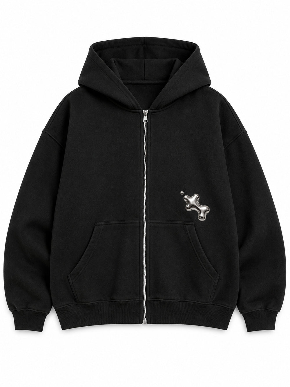 Front view of the Liquid Silver black foil print zip-up hoodie with a small silver-tone liquid-metal motif at the left chest