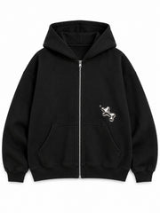Front view of the Liquid Silver black foil print zip-up hoodie with a small silver-tone liquid-metal motif at the left chest