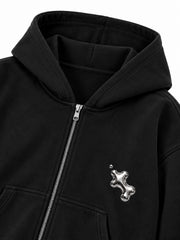 Close-up of the hood and neckline of the Liquid Silver black foil print zip-up hoodie