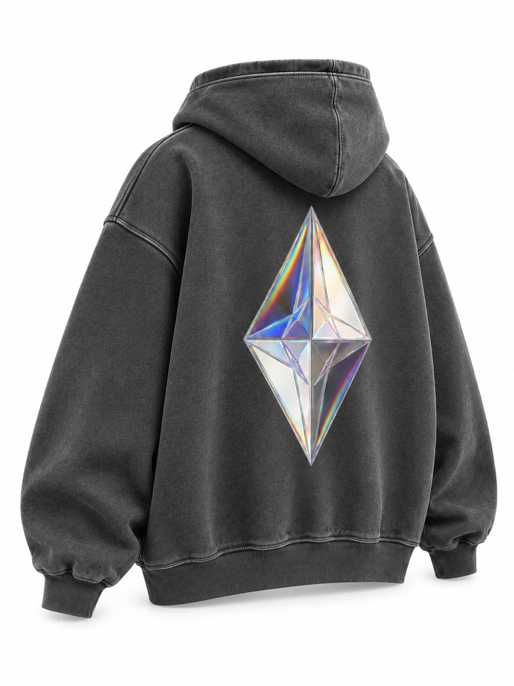 Rear three-quarter view of the Prism Chrome charcoal foil print oversized hoodie