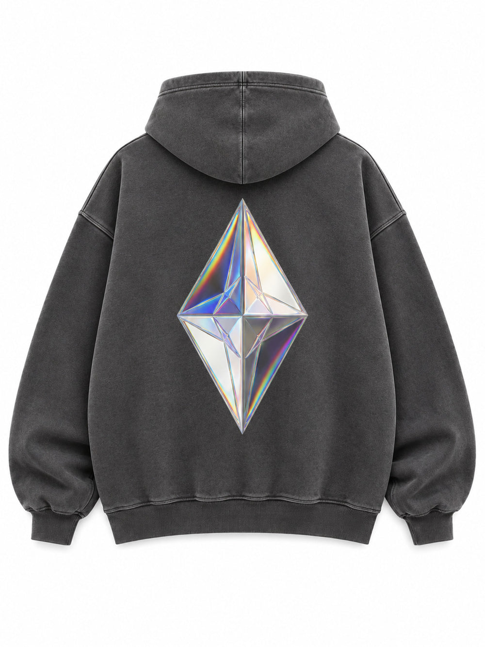 Back view of the Prism Chrome charcoal foil print oversized hoodie with a large multicolor chrome-effect faceted prism