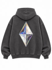 Back view of the Prism Chrome charcoal foil print oversized hoodie with a large multicolor chrome-effect faceted prism