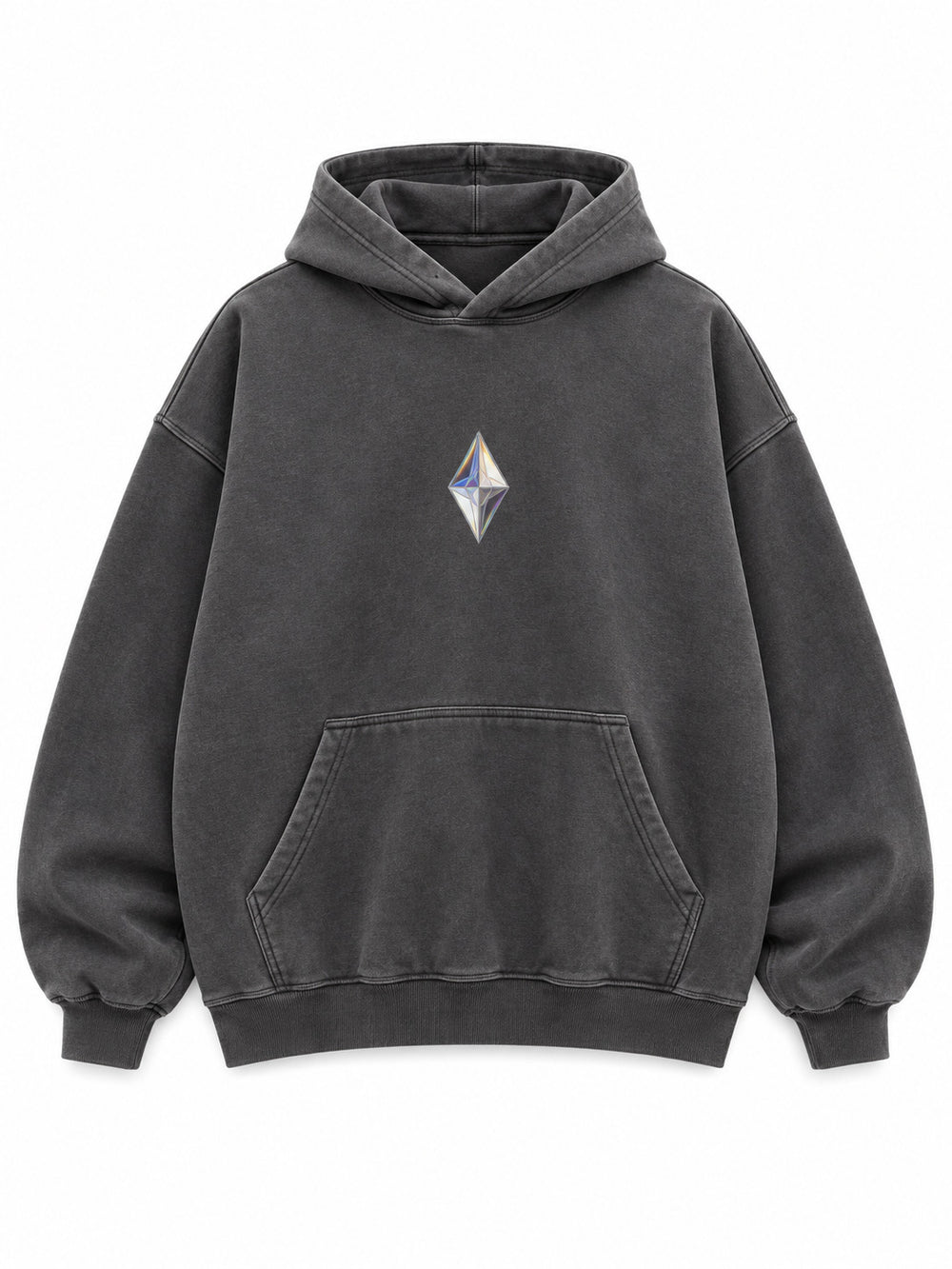 Front view of the Prism Chrome charcoal foil print oversized hoodie with a small faceted prism motif at the chest