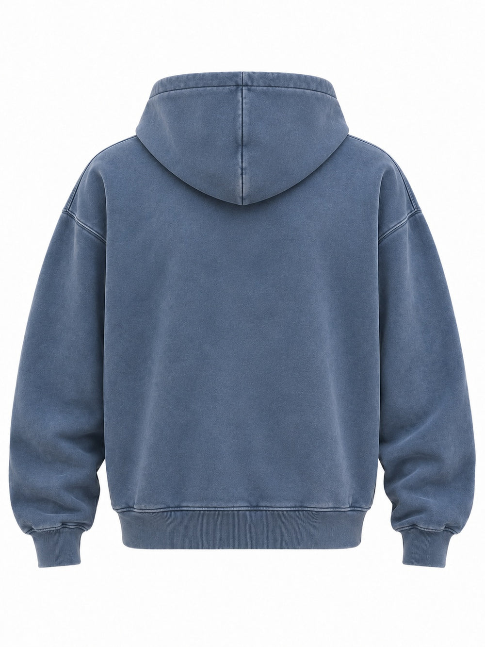Back view of the Quiet Motion slate blue mineral wash oversized zip-up hoodie with plain back