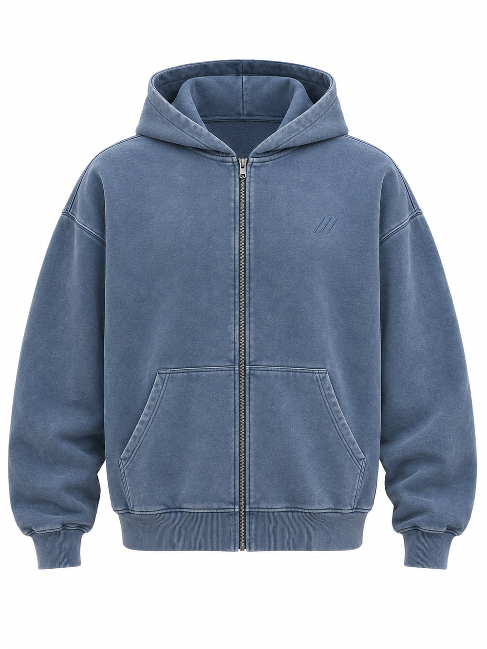 Front view of the Quiet Motion slate blue mineral wash oversized zip-up hoodie with tiny tonal triple-slash mark on the chest