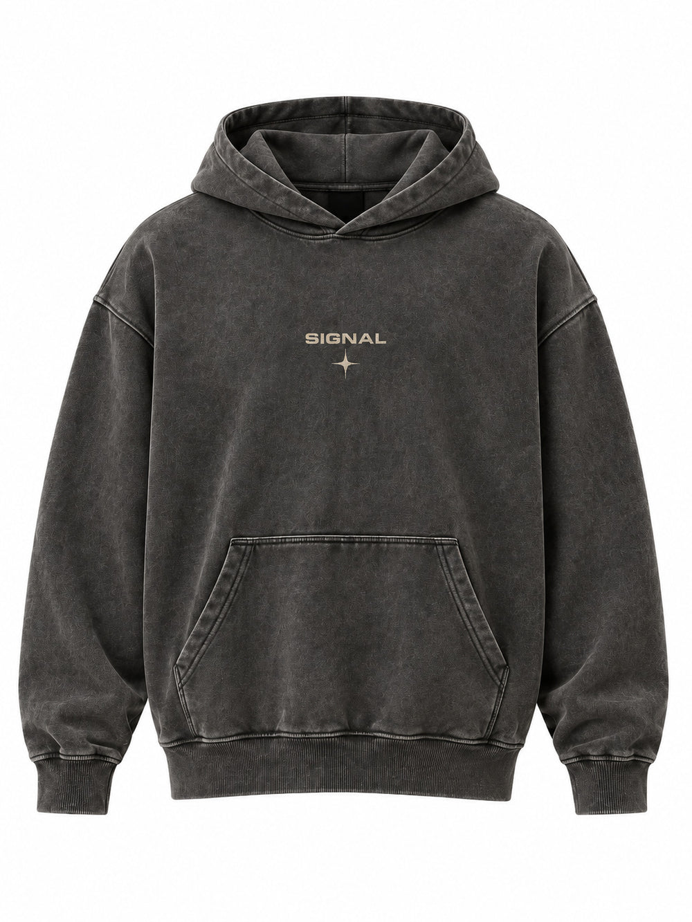 Front view of the Stone Signal charcoal mineral wash oversized hoodie with small cream SIGNAL print on the chest