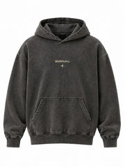 Front view of the Stone Signal charcoal mineral wash oversized hoodie with small cream SIGNAL print on the chest