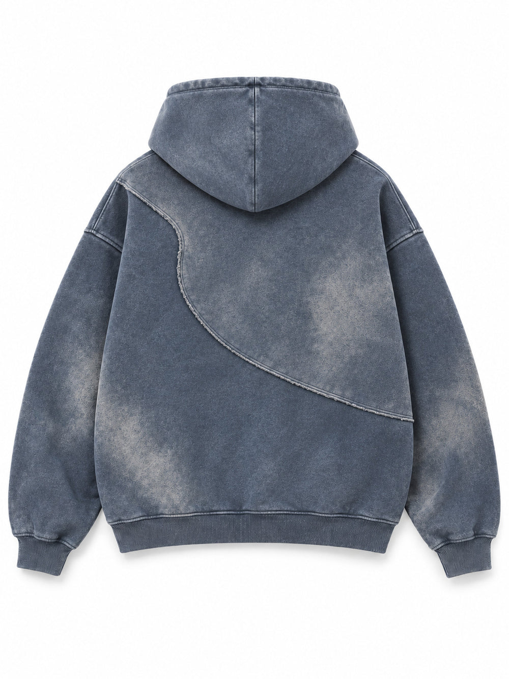 Back view of the Storm Mineral slate blue mineral wash zip-up hoodie with a sweeping curved seam across the mineral-washed back