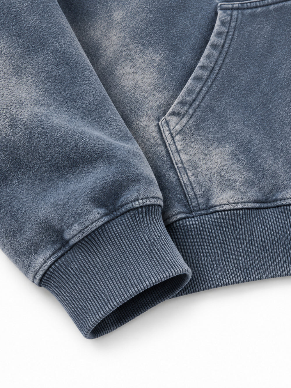 Close-up of the cuff and hem rib of the Storm Mineral slate blue mineral wash zip-up hoodie