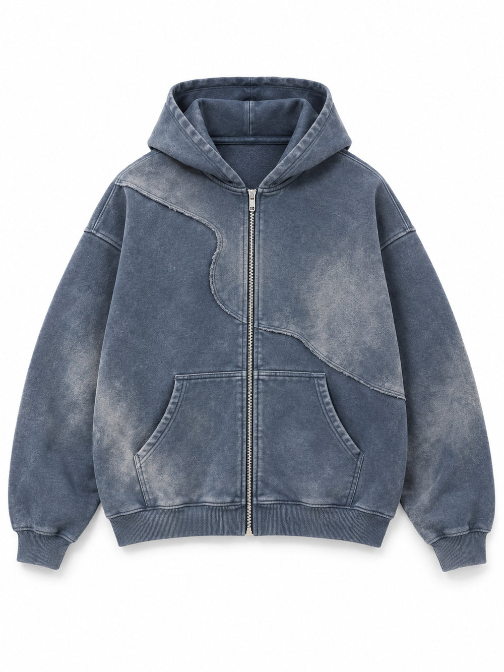 Front view of the Storm Mineral slate blue mineral wash zip-up hoodie with curved cut-and-sew panels and a center zipper