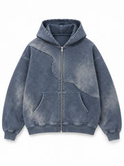 Front view of the Storm Mineral slate blue mineral wash zip-up hoodie with curved cut-and-sew panels and a center zipper
