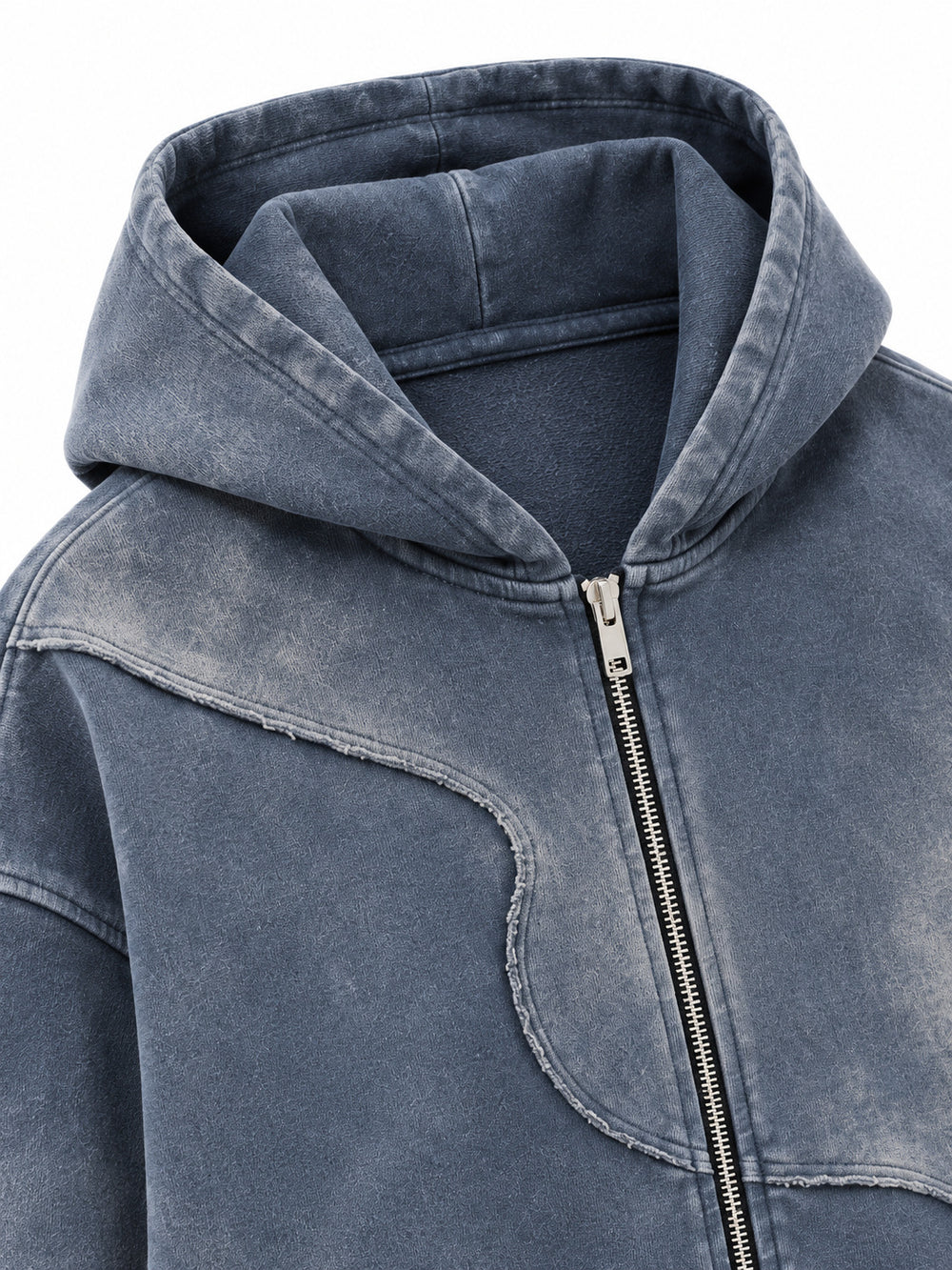 Close-up of the hood and neckline of the Storm Mineral slate blue mineral wash zip-up hoodie