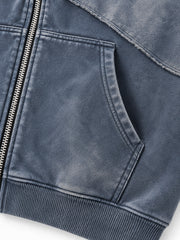 Close-up of the seam stitching of the Storm Mineral slate blue mineral wash zip-up hoodie