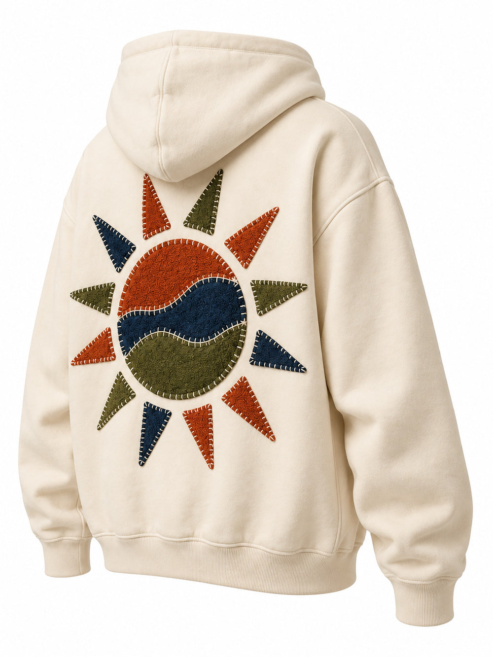 Rear three-quarter view of the Patchwork Studio cream patchwork appliqué boxy hoodie