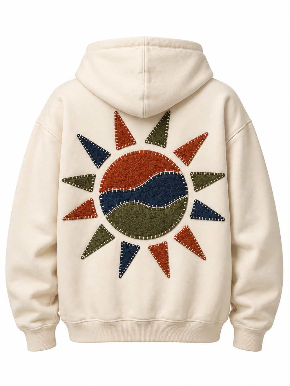 Back view of the Patchwork Studio cream patchwork appliqué boxy hoodie with large patchwork sun in matching fabrics