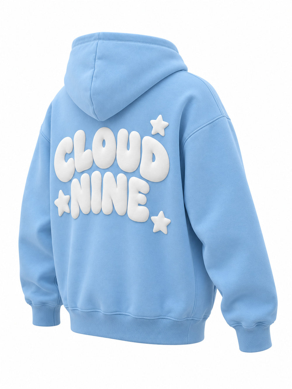 Rear three-quarter view of the Cloud Nine sky blue puff print oversized hoodie