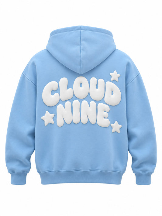 Back view of the Cloud Nine sky blue puff print oversized hoodie with large white CLOUD NINE lettering with three stars in puff print