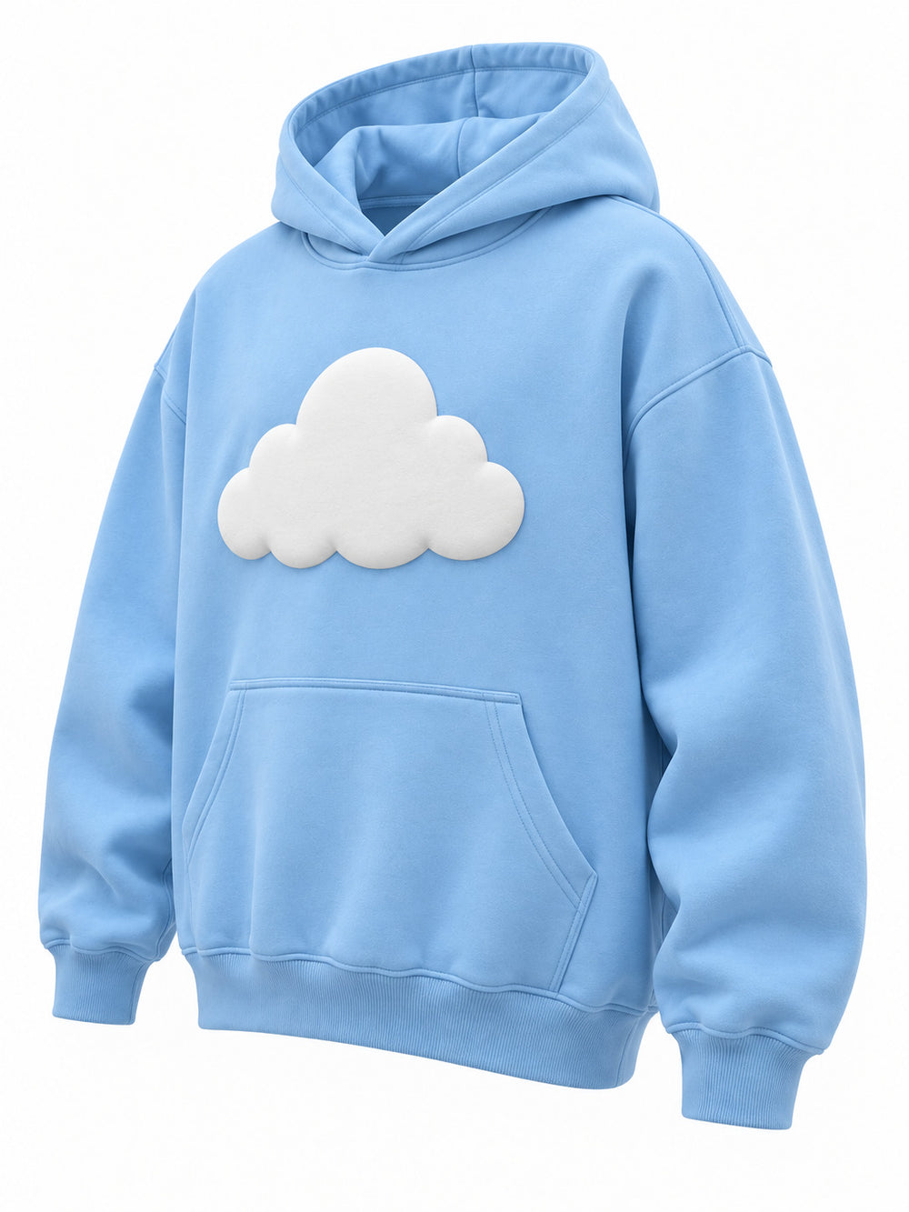 Front three-quarter view of the Cloud Nine sky blue puff print oversized hoodie