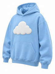 Front three-quarter view of the Cloud Nine sky blue puff print oversized hoodie