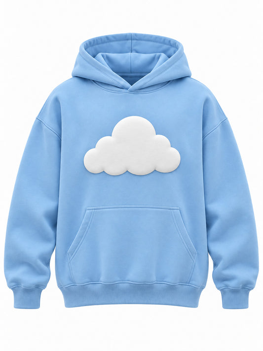 Front view of the Cloud Nine sky blue puff print oversized hoodie with thick white cloud in puff print