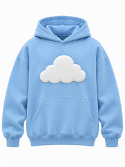 Front view of the Cloud Nine sky blue puff print oversized hoodie with thick white cloud in puff print