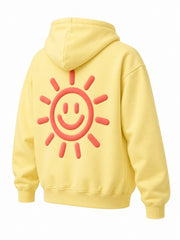 Rear three-quarter view of the Day Off butter yellow puff print hoodie