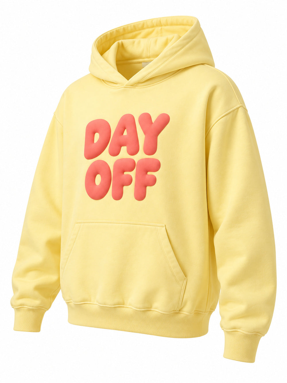 Front three-quarter view of the Day Off butter yellow puff print hoodie