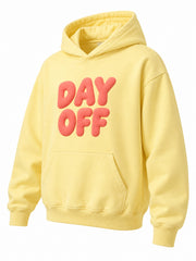 Front three-quarter view of the Day Off butter yellow puff print hoodie