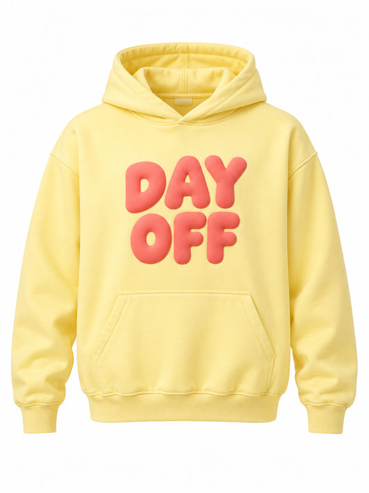 Front view of the Day Off butter yellow puff print hoodie with coral DAY OFF lettering in two rounded lines in puff print