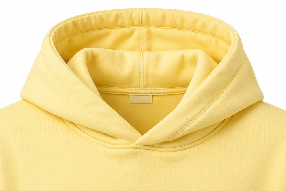 Close-up of the hood and neckline of the Day Off butter yellow puff print hoodie