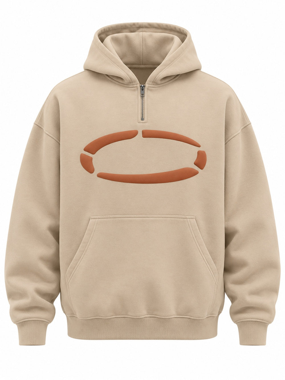 Front view of the Dune Pulse sand puff print oversized quarter-zip hoodie with rust puff-print ring made of broken segments across the chest
