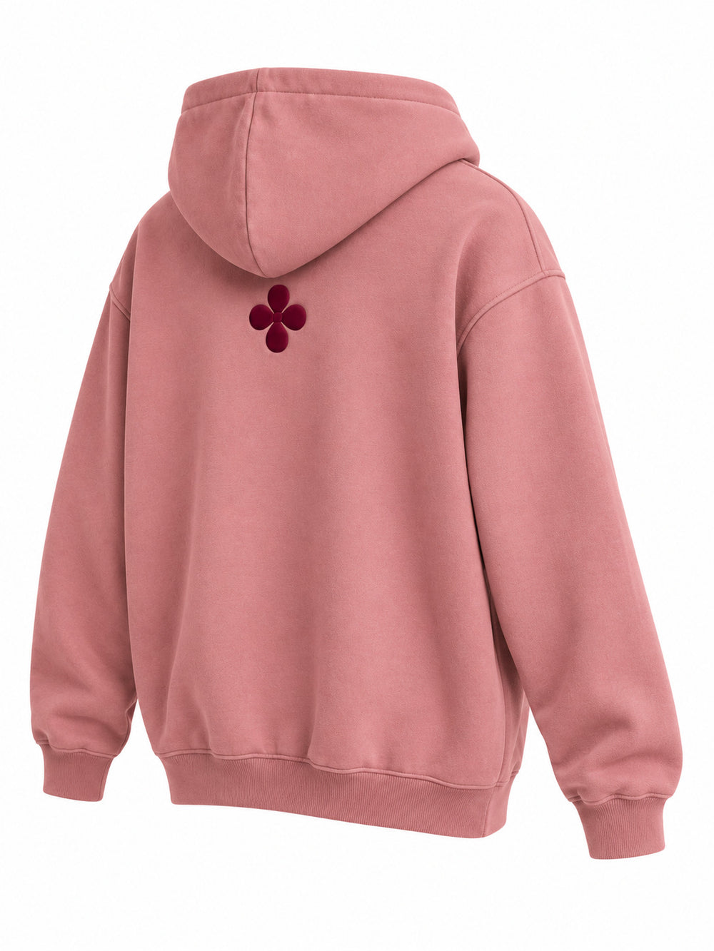 Rear three-quarter view of the Good Space dusty rose puff print hoodie