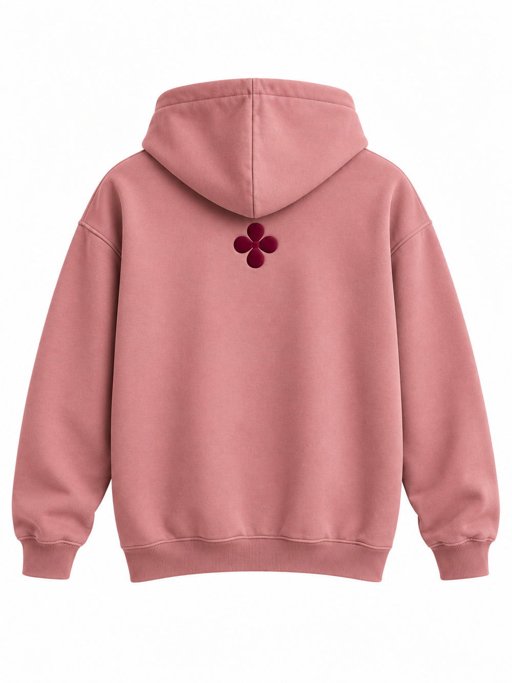 Back view of the Good Space dusty rose puff print hoodie with small burgundy four-petal flower in puff print