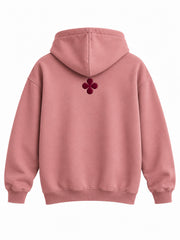 Back view of the Good Space dusty rose puff print hoodie with small burgundy four-petal flower in puff print