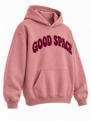 Front three-quarter view of the Good Space dusty rose puff print hoodie