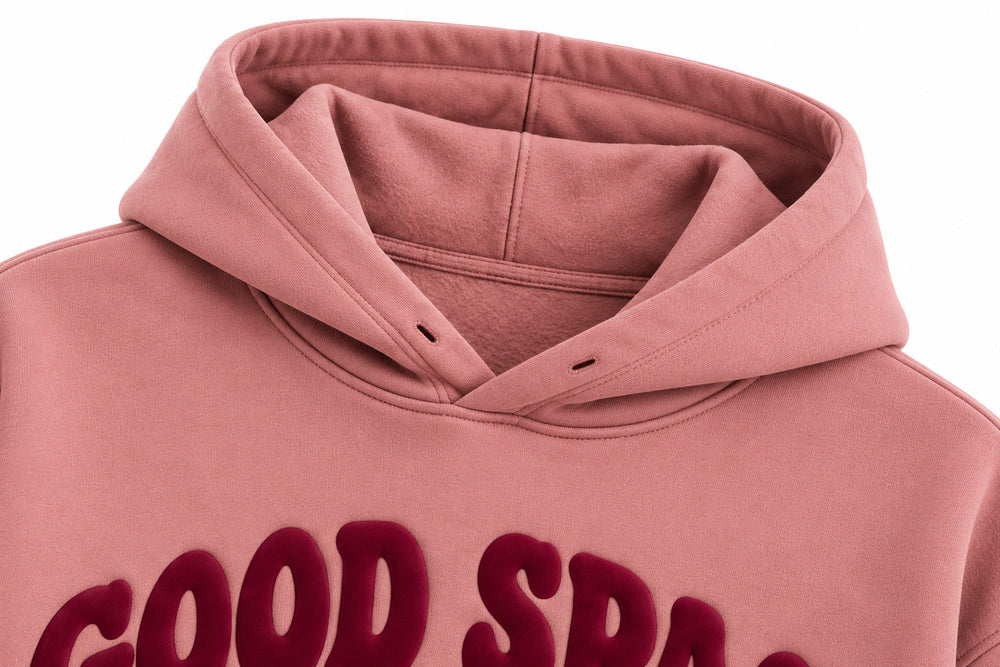 Close-up of the hood and neckline of the Good Space dusty rose puff print hoodie