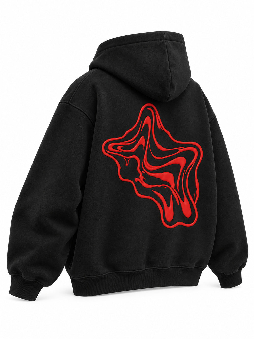 Rear three-quarter view of the Lava Lines black puff print boxy hoodie