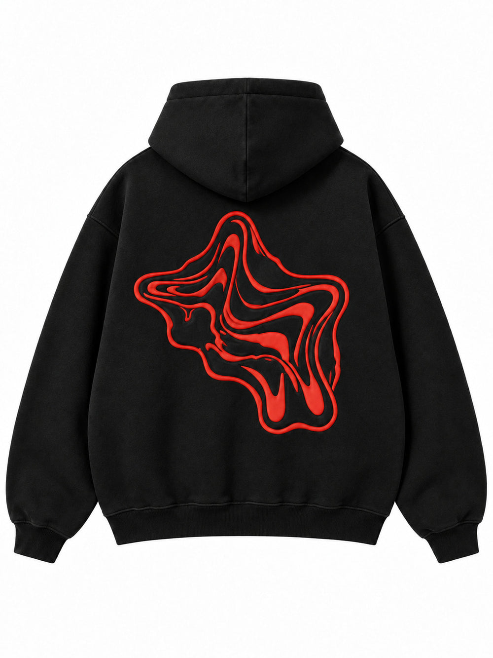 Back view of the Lava Lines black puff print boxy hoodie with large vermilion flowing contour lines