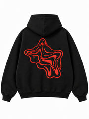 Back view of the Lava Lines black puff print boxy hoodie with large vermilion flowing contour lines